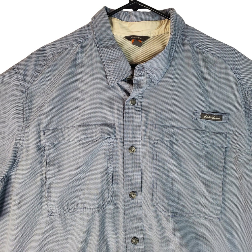 Eddie Bauer Sport Shop Mens 2XL Blue Micro Check Short Sleeve Fishing Shirt
